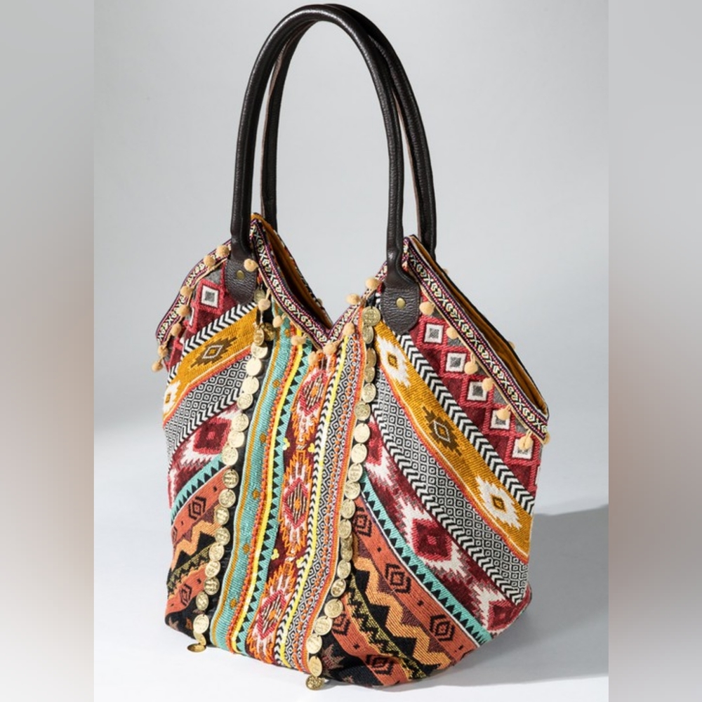 Boho Chic Shoulder Tote Bag - Handmade Artisan Crafted Patchwork w/ Coin Charms - Picture 7 of 8